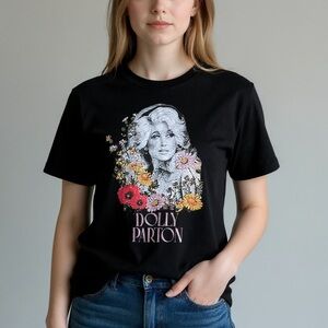 Black Dolly Parton Graphic T-Shirt with Floral Design